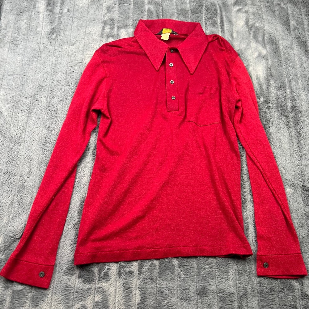 Vintage Acrilan Red Long Sleeve Polo Shirt Acrylic Jersey Made in USA Large